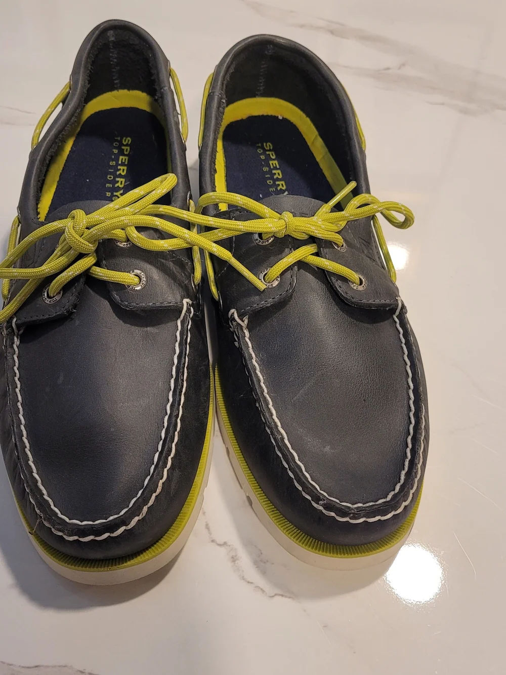 Sperry Gray Boat Shoes with Neon Lime Green Trim